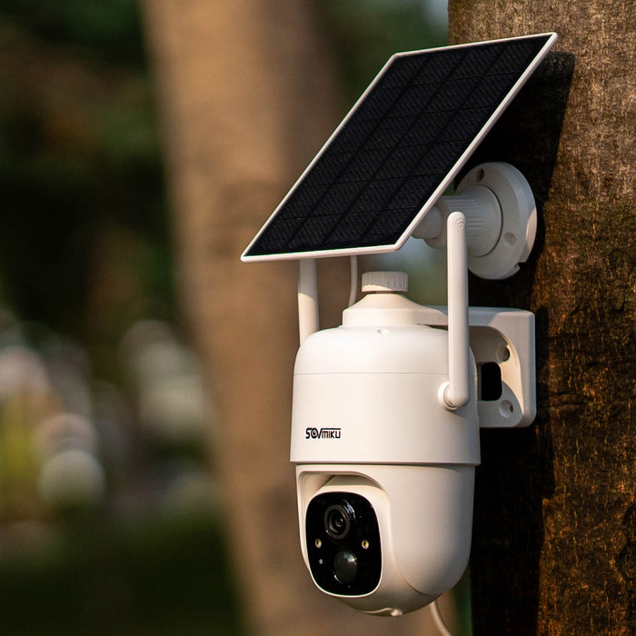 Sovmiku CQ1 AI 2K Solar Security Camera Wireless Outdoor, Battery Powered Cam, Two-Way Audio,PIR Motion Detection, Easy to Setup, Pan/Tilt 360° View,Color Night Vision,Audible Flashlight Siren,SD Slot