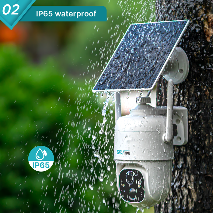 Sovmiku CQ1 AI 2K Solar Security Camera Wireless Outdoor, Battery Powered Cam, Two-Way Audio,PIR Motion Detection, Easy to Setup, Pan/Tilt 360° View,Color Night Vision,Audible Flashlight Siren,SD Slot