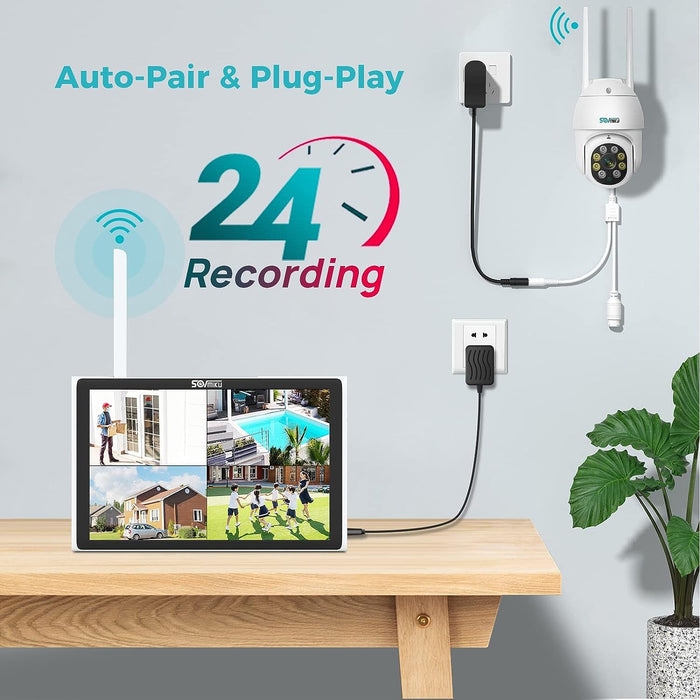 【2K,Human Detection,10" LCD Monitor】 SOVMIKU Wireless PTZ Security Camera System,Pan Tilt 4pcs,3MP Full Color Night Vision,Indoor Outdoor 360 Camera,8CH NVR,2.4G WiFi Camera,24/7 Record,2-Way Audio