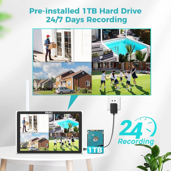 【2K,Human Detection,10" LCD Monitor】 SOVMIKU Wireless PTZ Security Camera System,Pan Tilt 4pcs,3MP Full Color Night Vision,Indoor Outdoor 360 Camera,8CH NVR,2.4G WiFi Camera,24/7 Record,2-Way Audio
