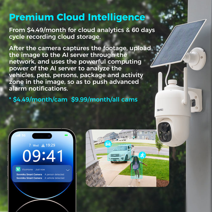 SOVMIKU CQ1 AI 2K Solar Security Camera Wireless Outdoor, Battery Powered,Two Way Audio,Motion Detection, 360° View,Easy to Setup,Color Night Vision,Audible Flashlight Siren