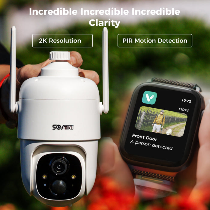 SOVMIKU CQ1 AI 2K Solar Security Camera Wireless Outdoor, Battery Powered,Two Way Audio,Motion Detection, 360° View,Easy to Setup,Color Night Vision,Audible Flashlight Siren