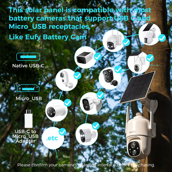 Sovmiku 5V Solar Panels for Security Cameras for Bird Feeder 23% Energy Conversion Rate,9.8Ft Cable, USB C & Micro-USB Compatible, Weather Resistant, 360° Adjustable Bracket, for Tapo Eufy Aosu .etc