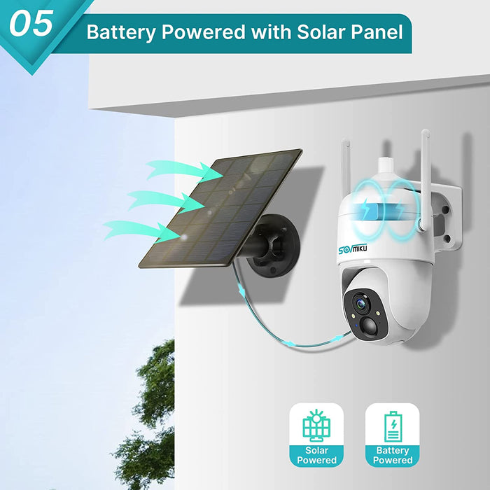 Sovmiku CQ1 AI 2K Solar Security Camera Wireless Outdoor, Battery Powered Cam, Two-Way Audio,PIR Motion Detection, Easy to Setup, Pan/Tilt 360° View,Color Night Vision,Audible Flashlight Siren,SD Slot
