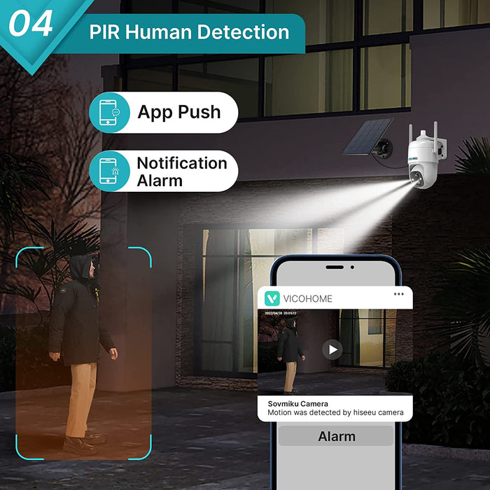 Sovmiku CQ1 AI 2K Solar Security Camera Wireless Outdoor, Battery Powered Cam, Two-Way Audio,PIR Motion Detection, Easy to Setup, Pan/Tilt 360° View,Color Night Vision,Audible Flashlight Siren,SD Slot