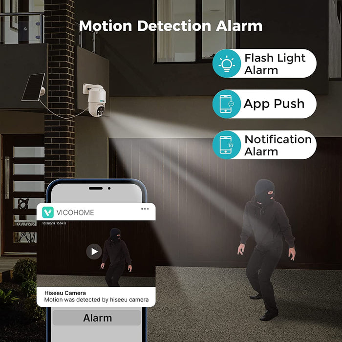 CQ1A 2K Solar Security Camera Outdoor,360° View Pan & Tilt,Easy to Setup,Night Vision,Audible Flashlight Alarm, Human Alert,Vicohome App