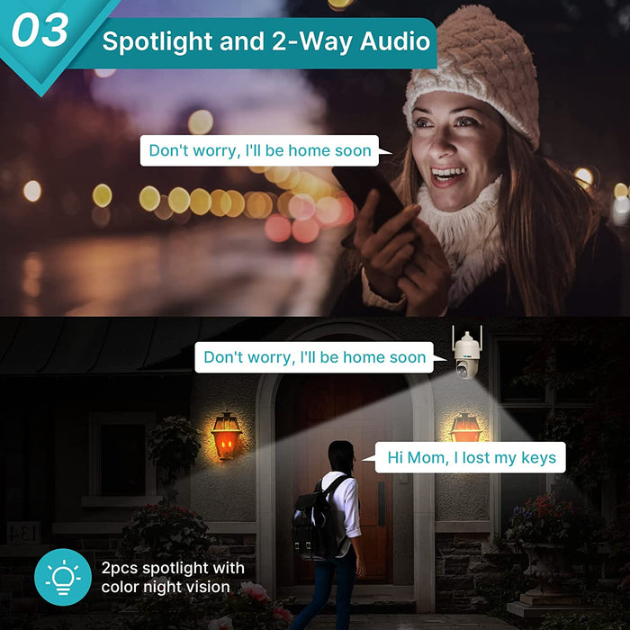 Sovmiku CQ1 AI 2K Solar Security Camera Wireless Outdoor, Battery Powered Cam, Two-Way Audio,PIR Motion Detection, Easy to Setup, Pan/Tilt 360° View,Color Night Vision,Audible Flashlight Siren,SD Slot